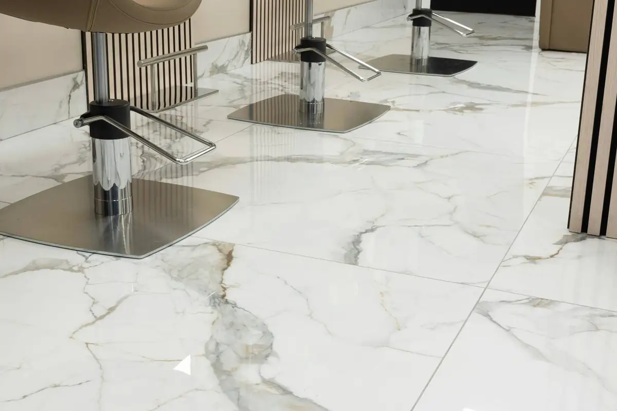 Polished white marble floor after cleaning