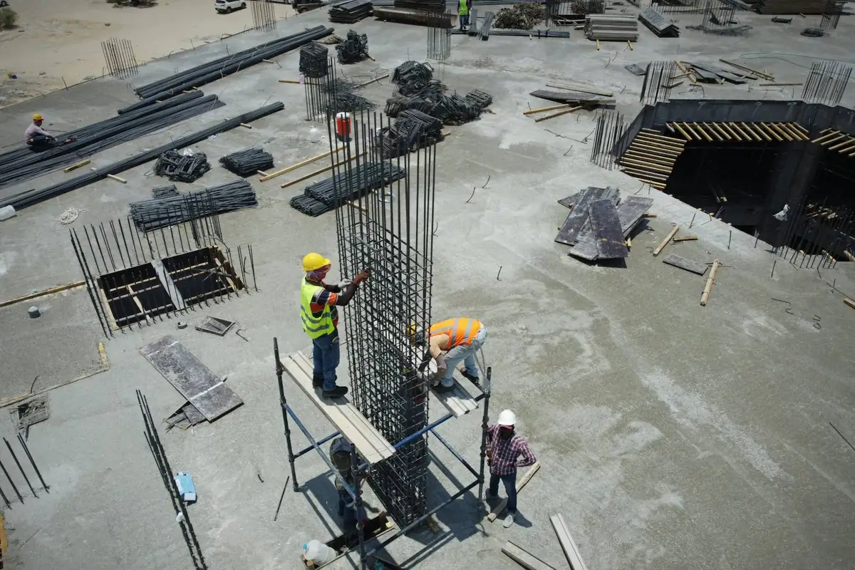 Reinforced concrete slab and steel rebar on a construction site