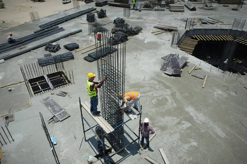 Reinforced concrete slab and steel rebar on a construction site